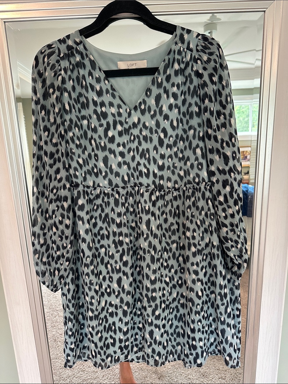 LOFT Sage/Light Blue and Black Leopard Print V-Neck Babydoll Dress